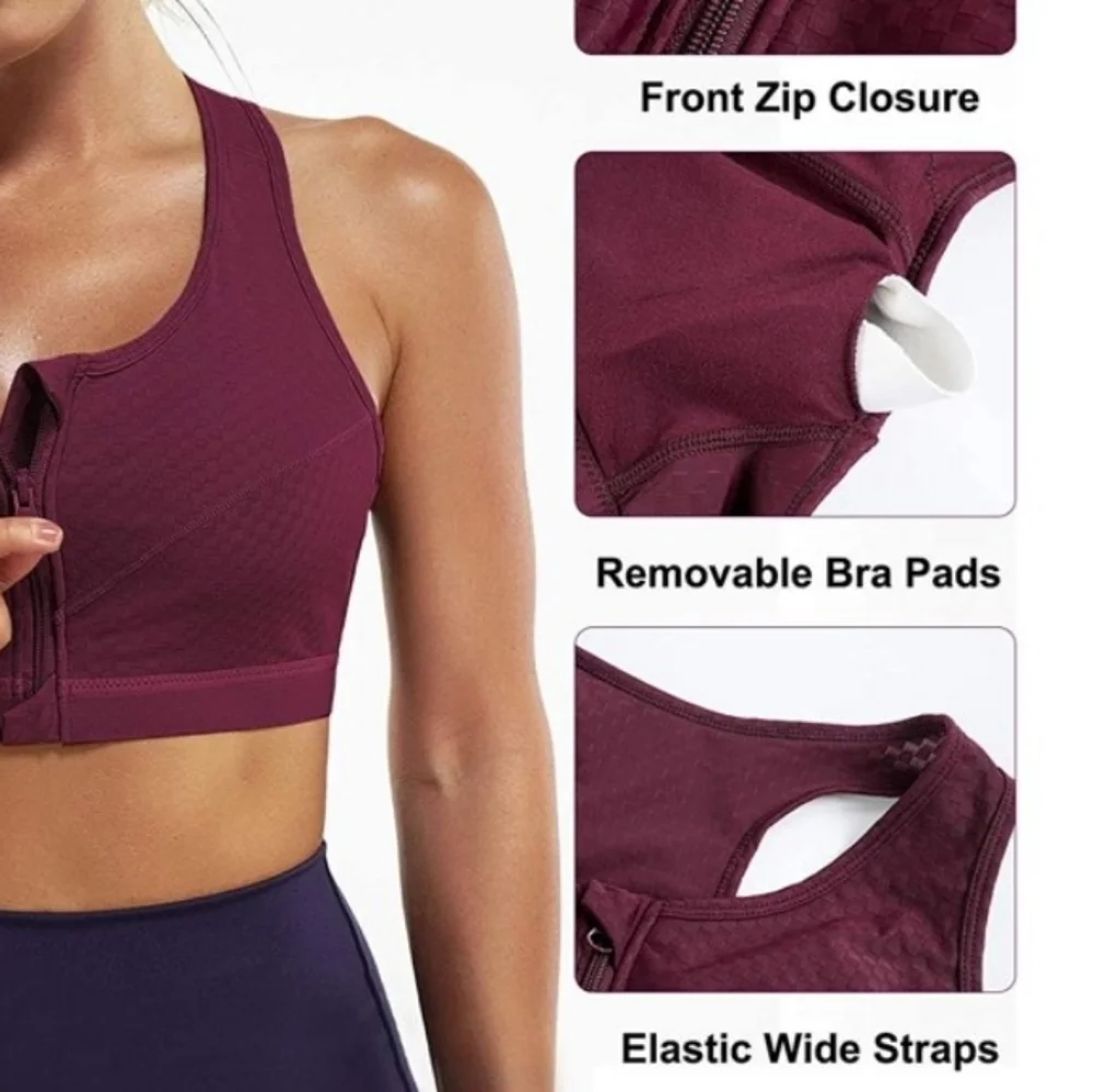 Junlan Women Zip Front High Impact Sports Bra in Maroon Size M